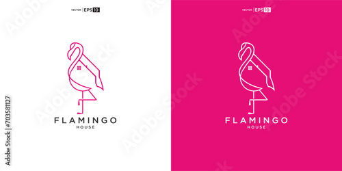 flamingo with House for Home Real Estate Residential Mortgage Apartment Building Logo Design