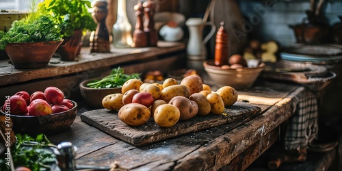 Northern European Potato Delights, A Visual Tapestry of Culinary Classics, Capturing Savory Traditions - Cozy Scandinavian Kitchen Ambiance - Warm Tones & Close-up Potato Details