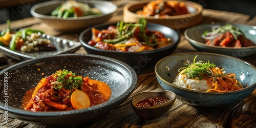 Dishes with Gochujang, A Visual Medley of Spicy Fermented Flavor, Elevating Every Dish with Asian Zest - Contemporary Korean Fusion Kitchen Ambiance - Vibrant Colors & Artistic Dish Composition