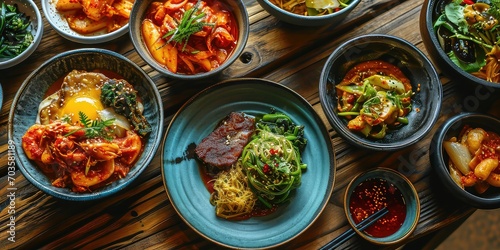 Dishes with Gochujang, A Visual Medley of Spicy Fermented Flavor, Elevating Every Dish with Asian Zest - Contemporary Korean Fusion Kitchen Ambiance - Vibrant Colors & Artistic Dish Composition