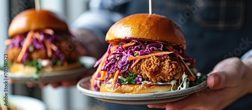 Holding crispy chicken sandwiches with slaw salad.