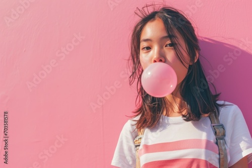 Trendy Young teen with skateboard look blowing bubble gum on pink background. photo