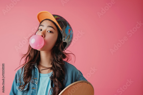 Trendy Young teen with skateboard look blowing bubble gum on pink background.