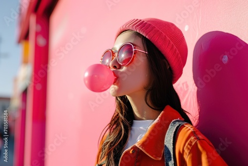 Trendy Young teen with skateboard look blowing bubble gum on pink background. photo