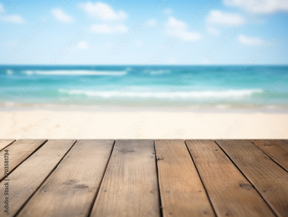 Wooden table empty table in front of blurred sea background
