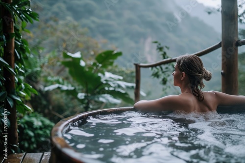 Young woman relaxing at hot tub in nature mountain background.