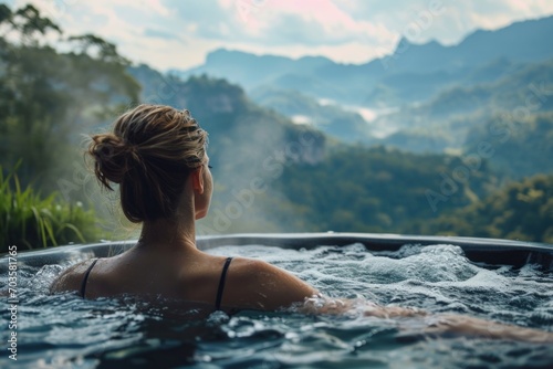 Young woman relaxing at hot tub in nature mountain background. photo