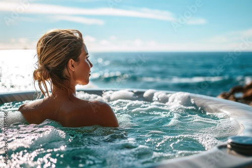 Young woman relaxing at hot tub in ocean background.