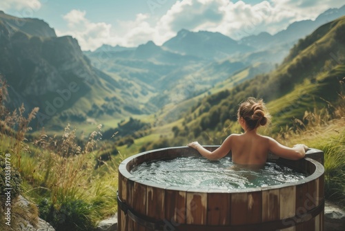 Young woman relaxing at hot tub in nature mountain background. photo