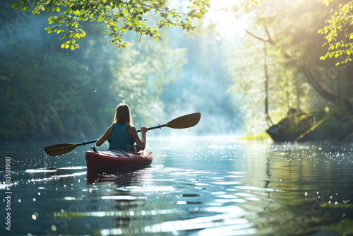 Young woman canoe or kayak adventure in nature.  photo