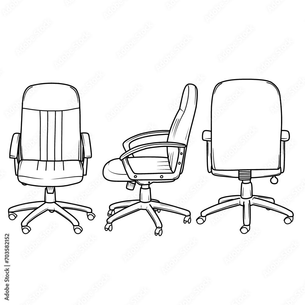 Vector illustration of office chairs hand drawn sketch doodle, Ergonomic with armrest, outline line art in front,side, and rear view, isolated on white background Vector illustration of office chairs hand drawn sketch doodle, Ergonomic with armrest, outline line art in front,side, and rear view, isolated on white background
