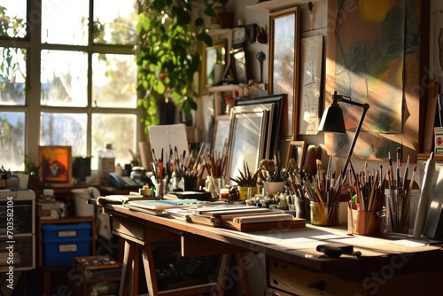 A creative workspace with an artistic atmosphere Filled with art supplies Inspiring creativity and innovation
