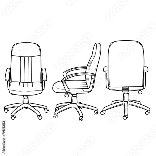 Vector illustration of office chairs hand drawn sketch doodle, Ergonomic with armrest, outline line art in front,side, and rear view, isolated on white background