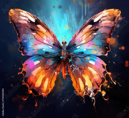 A vibrantly colored butterfly against a backdrop of swirling, abstract paint splashes.