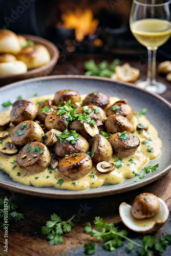 A Gastronomic Symphony, Umami-rich Mushrooms, Creamy Grits, and a Divine Glass of Wine