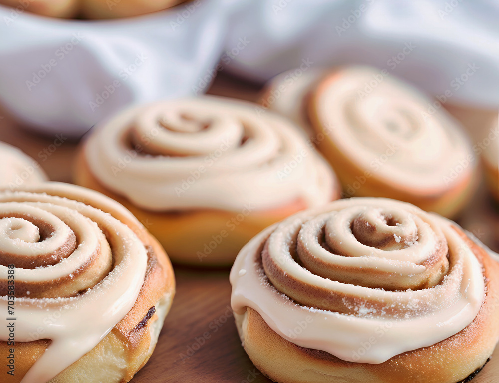Gooey Delights, Scrumptious Cinnamon Rolls With Creamy Icing, Artfully Displayed on a Rustic Cutting Board