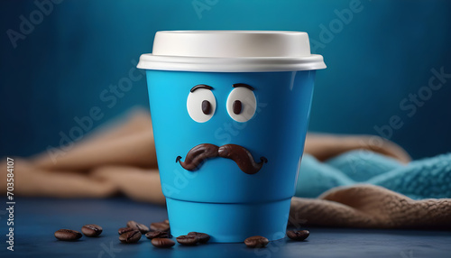 Blue cup a sad face with scarfcoffee on blue background. Blue monday concept The most depressing day of year The day commit suicide, depression motivation,3rd monday January created with generative ai photo