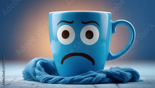 Blue cup a sad face with scarfcoffee on blue background. Blue monday concept The most depressing day of year The day commit suicide, depression motivation,3rd monday January created with generative ai photo