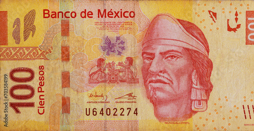 Mexican money bills currency Mexico 100 pesos banknote close up