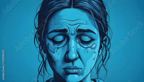Blue color upset portrait background. Blue Monday, Mental health, loneliness epidemic concept. digital art of sad face for poster, print, wallpaper, cover created with generative ai photo