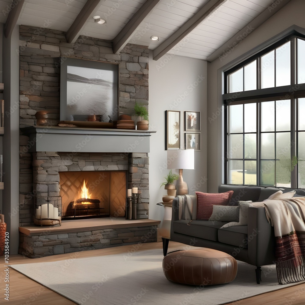 Fototapeta premium A cozy cottage-style living room with a fireplace and plaid upholstery3