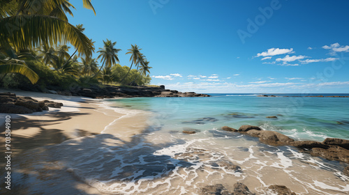 Deserted sunny beach with palms, yellow sand and light blue water. Concept of a paradise
