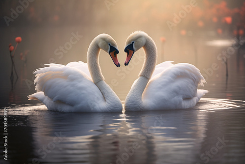 Two white swans. making heart shape in the water. Romantic background.Valentines day, lovve concept. High quality photo