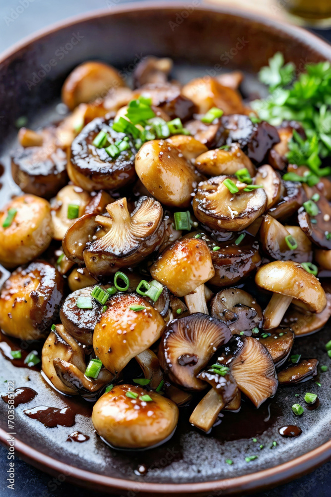 Enchanting Gastronomy, A Kaleidoscope of Fresh Mushrooms and Crisp Green Onions Dancing on a Plate