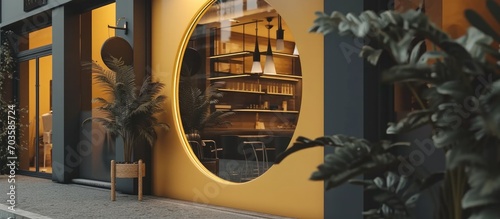 Empty shop front with oval golden frame mockup and brand signboard.