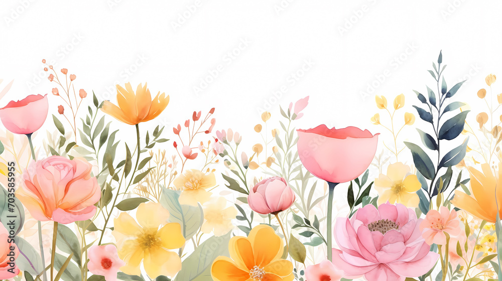 Floral frame with watercolor flowers, decorative flower background pattern, watercolor floral border background
