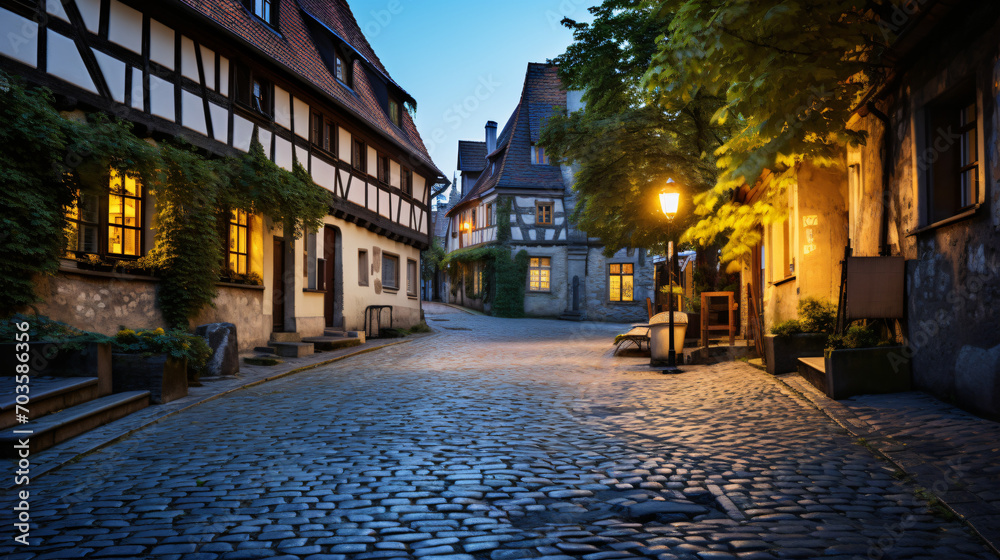A charming cobblestone street in a quaint European village lined with colorful historic buildings.