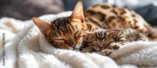 Cute bengal mother-cat and her kitten on white blanket.