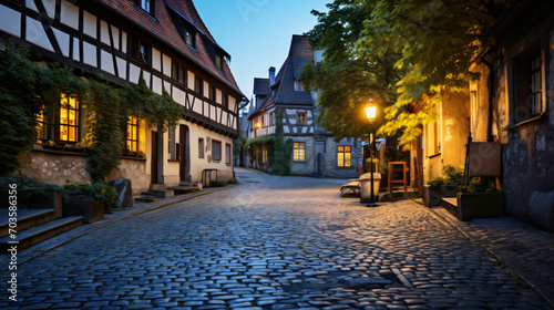A charming cobblestone street in a quaint European village lined with colorful historic buildings.