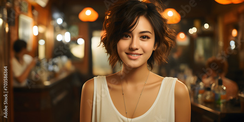 Portrait of Cute and Young Short Hair Asian Woman with Blurred Cafe Background