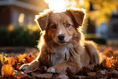 Small dog puppy sitting on the grass in front of the house on a summer day  sunset lighting