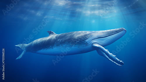 A close-up of a majestic blue whale the largest animal on Earth gliding through deep ocean waters. © John