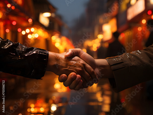 Handshake at Chinese New Year Festival with Blurred Lantern Light Background
