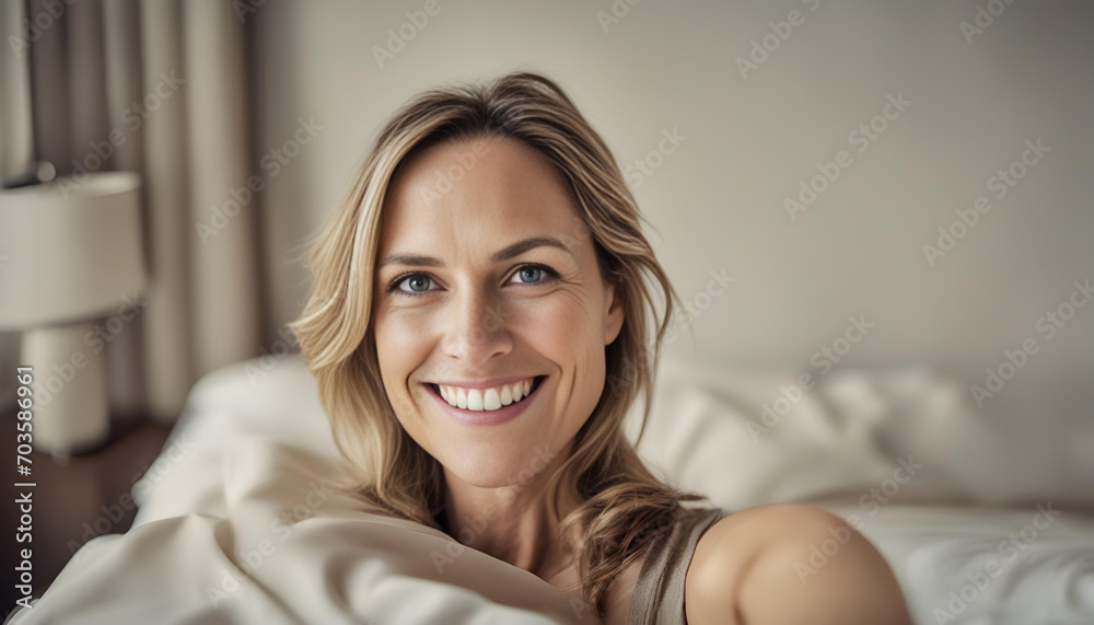 Beautiful Selfie of a Smiling 37-Year-Old Woman with Dark Blonde Hair, Just Woke Up in Bed - obrazy, fototapety, plakaty 