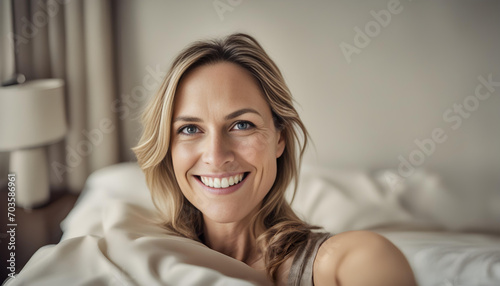 Beautiful Selfie of a Smiling 37-Year-Old Woman with Dark Blonde Hair, Just Woke Up in Bed