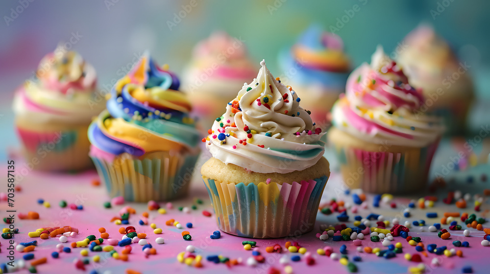 A delectable display of vibrant and decadent cupcakes adorned with swirls of buttercream, a rainbow of food coloring, and a sprinkle of joy