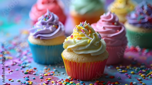 A colorful array of delectable cupcakes with vibrant frosting and sprinkles, showcasing the art of baking and the indulgence of sweetness photo