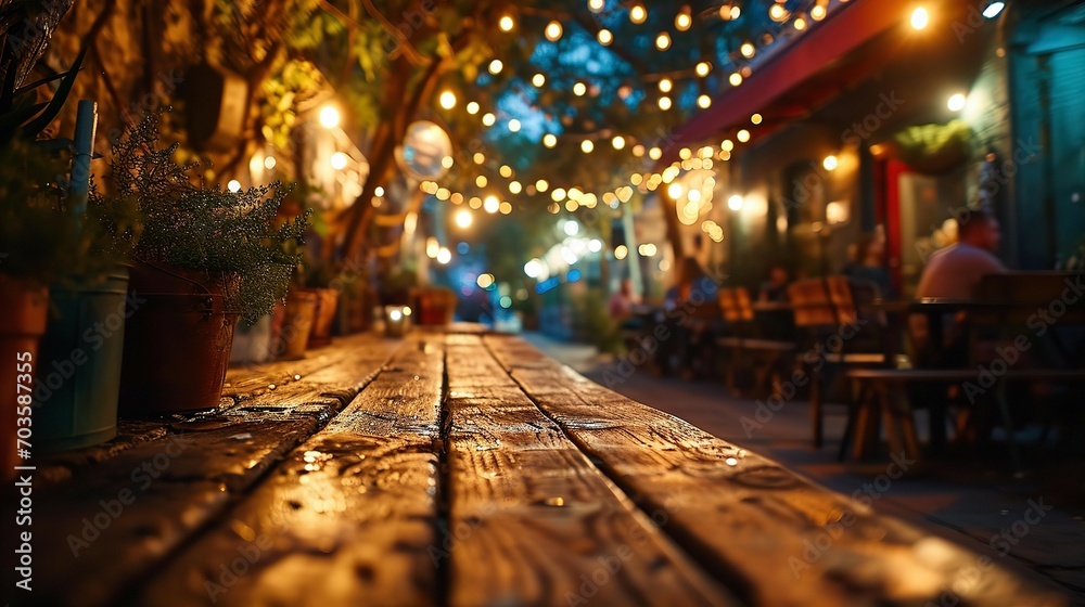 Beautiful background with street cafe empty tables at narrow street at night, bokeh, blurred lights 