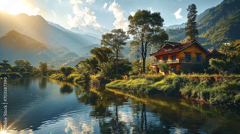 Fototapeta premium Idyllic Chinese village and countryside view with small river, mountains and forest