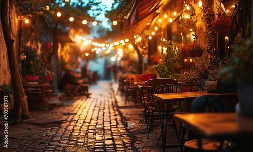 Beautiful background with street cafe empty tables at narrow street at night, bokeh, blurred lights  © IRStone