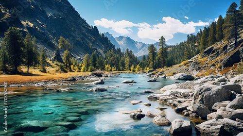 Epic landscape looks like Altai with mountains, river and green forest, travel concept 