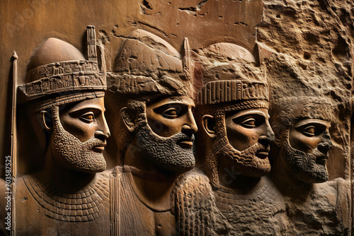 Assyrian soldiers, stone Relief from palace, Babylonian period   photo