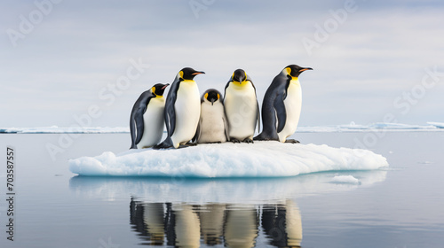 A group of Emperor penguins huddled together on an Antarctic ice floe showcasing their survival instincts in extreme conditions.
