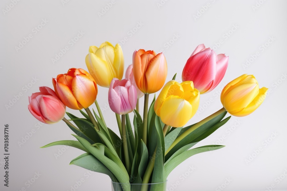 A simple composition with bright tulips on a white background, highlighting their beauty and freshness A simple composition with bright tulips on a white background, highlighting their beauty and freshness
