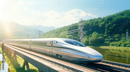 A high-speed bullet train zooming through a scenic landscape representing the fusion of technology and efficient transportation.
