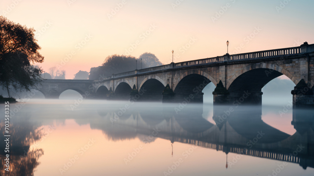 A historic bridge spanning a river lit by the soft hues of sunrise with the city slowly waking in the background.